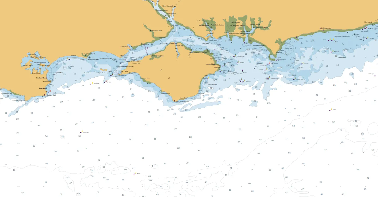 The Central English Channel chart used in the course, from Poole to Selsey Bill and the Isle of Wight